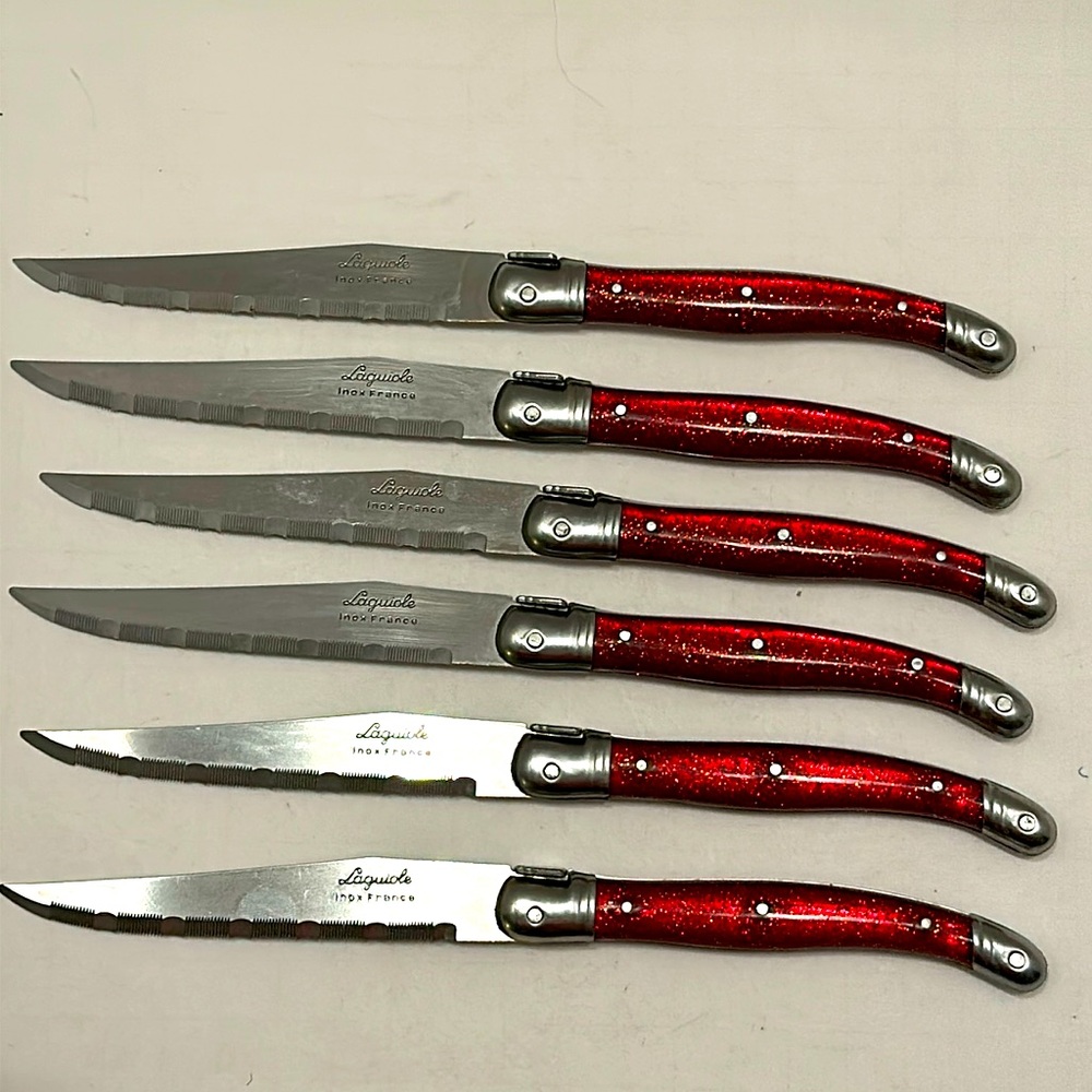 Laguiole Inox France Steak Knife Set of 6 Red Glitter Handle Bee Accent